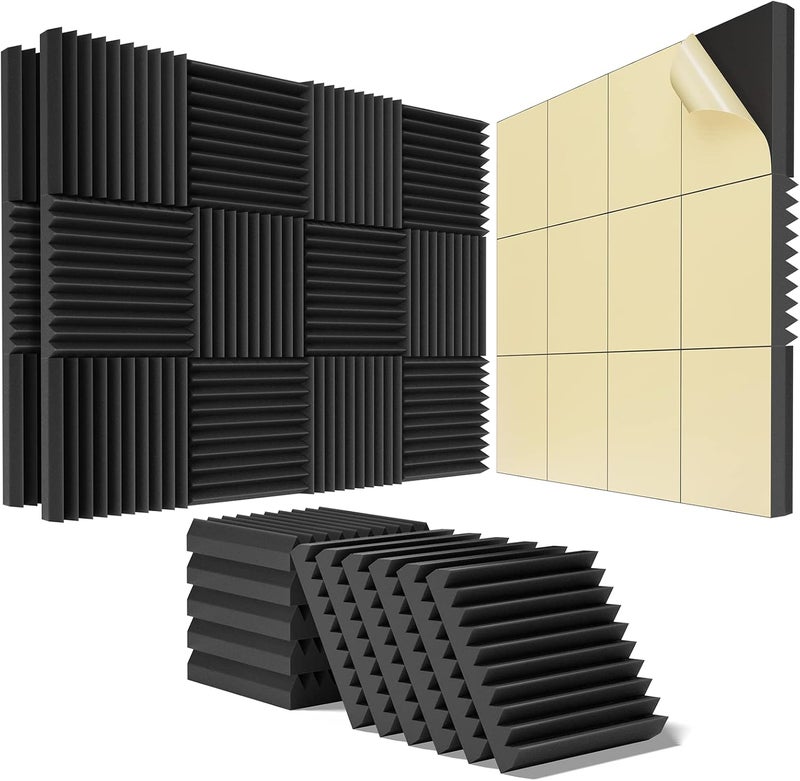 HEMRLY 24 Pack Sound Proof Foam Panels for Walls,2" X 12" X 12"Self-Adhesive Foam Acoustic Panels Sound Absorbing,High Density Quick-Recovery Soundproof Wall Panels,Black - Image 1